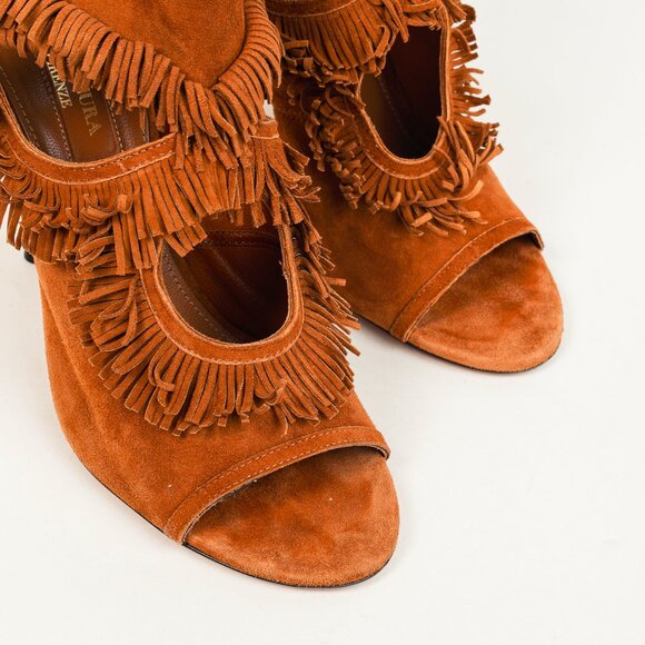 Aquazurra Brown Suede Sexy Fringe Heeled Sandals - Picture 6 of 9